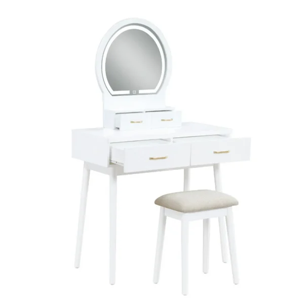Anvy Vanity Desk Set with Mirror and Stool, 4 Drawers, White Wood