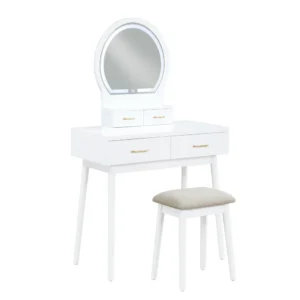Anvy Vanity Desk Set with Mirror and Stool, 4 Drawers, White Wood