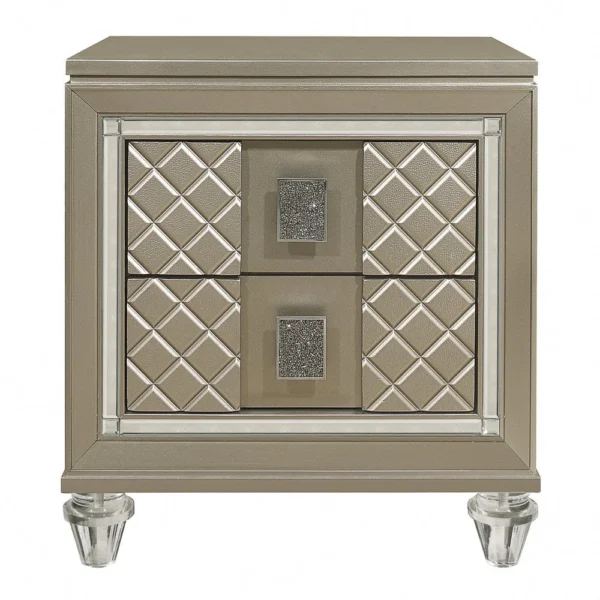 Loy Nightstand, 2 Drawers, Champagne Gold Metallic, Mirror Trim