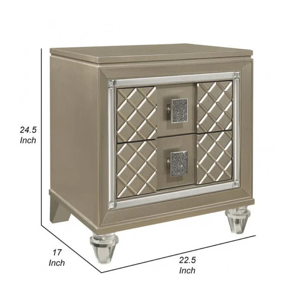 Loy Nightstand, 2 Drawers, Champagne Gold Metallic, Mirror Trim