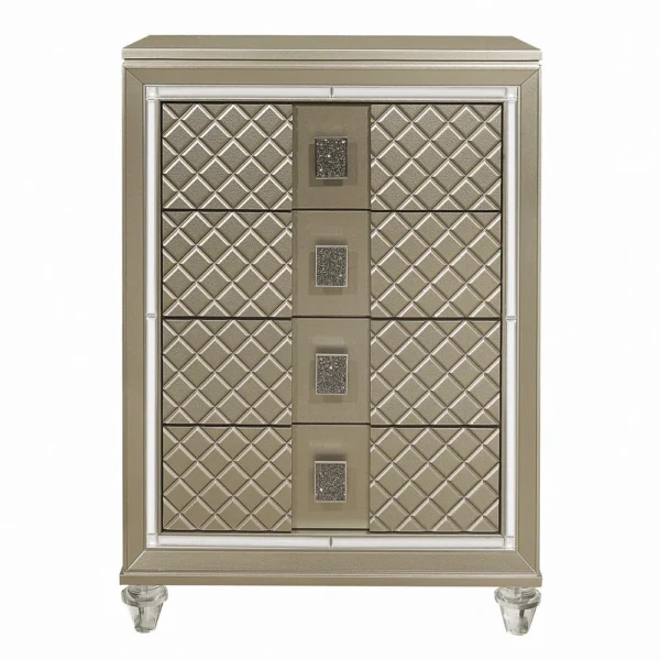 Loy Tall Dresser Chest, 4 Drawers Champagne Gold Metallic, Mirror Trim