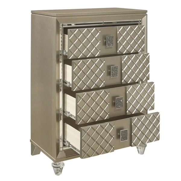 Loy Tall Dresser Chest, 4 Drawers Champagne Gold Metallic, Mirror Trim