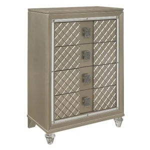 Loy Tall Dresser Chest, 4 Drawers Champagne Gold Metallic, Mirror Trim