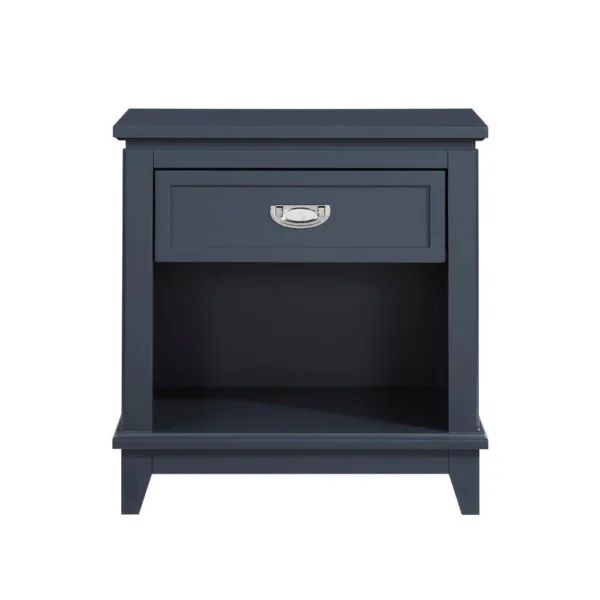 Sely Nightstand, 1 Drawer w Open Cubby, Navy Blue Wood, Ring Handle