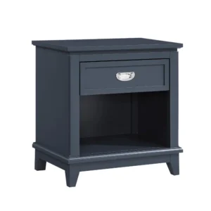 Sely Nightstand, 1 Drawer w Open Cubby, Navy Blue Wood, Ring Handle