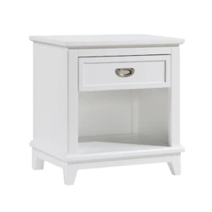 Sely Nightstand, 1 Drawer w Open Cubby, White Wood, Ring Handle