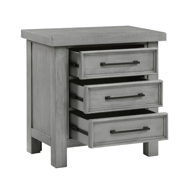 BM336314_1_5e726662-78d8-430b-b720-020d5980038e Daisy Nightstand, Gray Mango Veneer, 3 Drawers, Bronze Metal Knobs
