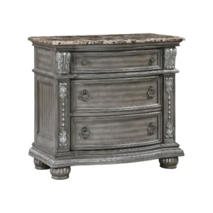 Toga 3 Drawer Nightstand, Gray Acacia Wood Carved Details, 35 Inch