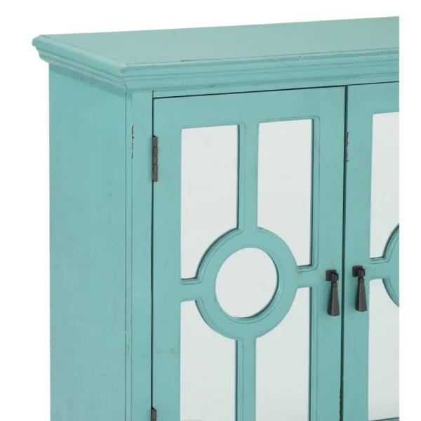 Anik Accent Cabinet, 2 Mirror Inlaid Glass Door, Aqua Green Wood