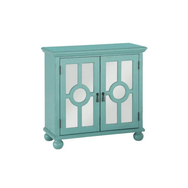 Anik Accent Cabinet, 2 Mirror Inlaid Glass Door, Aqua Green Wood