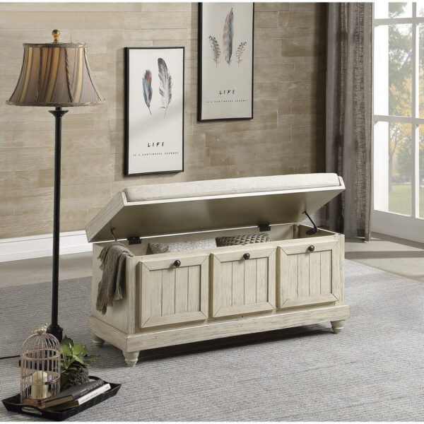 Wali 44 Inch Bench with Lift Top Storage, Cushioned Seat Antique White