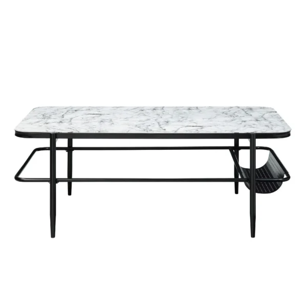 Marty 3pc Coffee End Table Set, White Marble Fluted Glass Tops, Black
