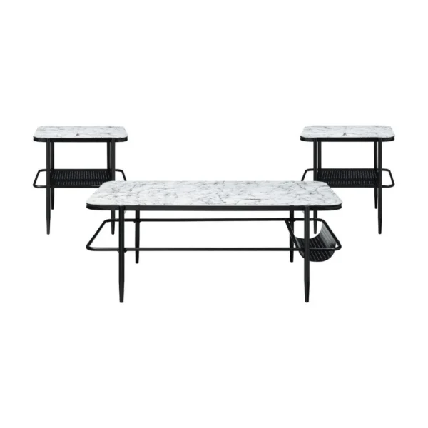 Marty 3pc Coffee End Table Set, White Marble Fluted Glass Tops, Black