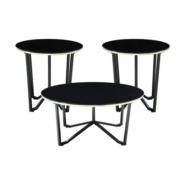 Amyra 3pc Occasional Coffee and End Table Set, Black Glass, Gold