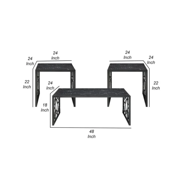 Melin 3pc Coffee and End Table Set, Geometric, Black Glass Marbled Top