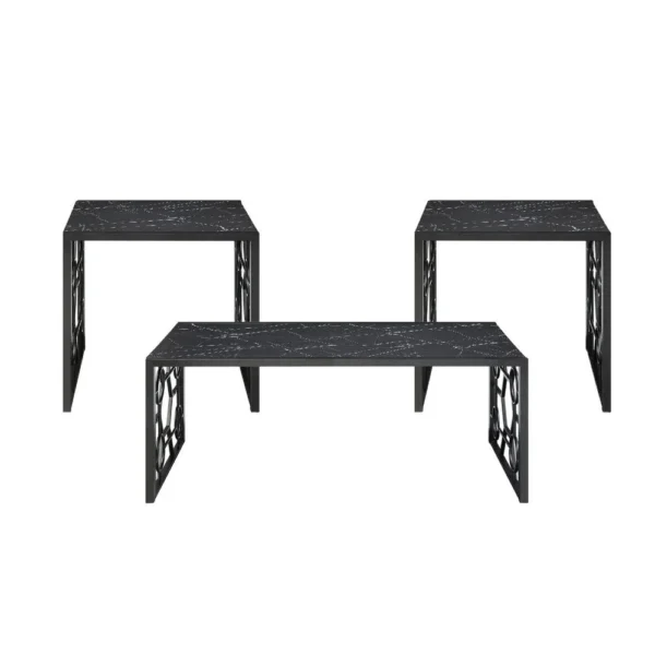 Melin 3pc Coffee and End Table Set, Geometric, Black Glass Marbled Top