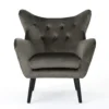 Zorro Armchair, Black Angled Wood Legs, Gray Button Tufted Velvet