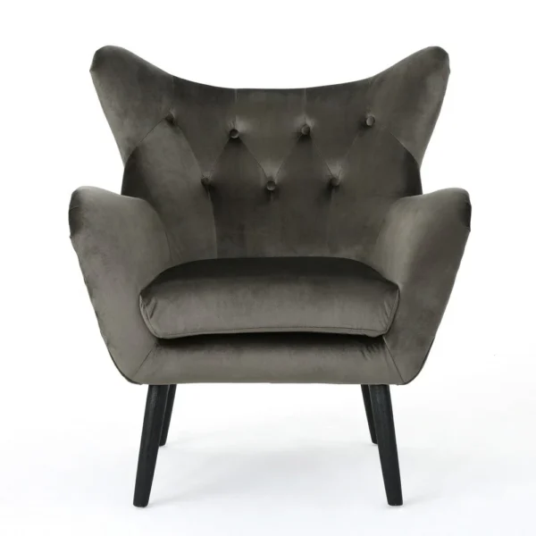 Zorro Armchair, Black Angled Wood Legs, Gray Button Tufted Velvet