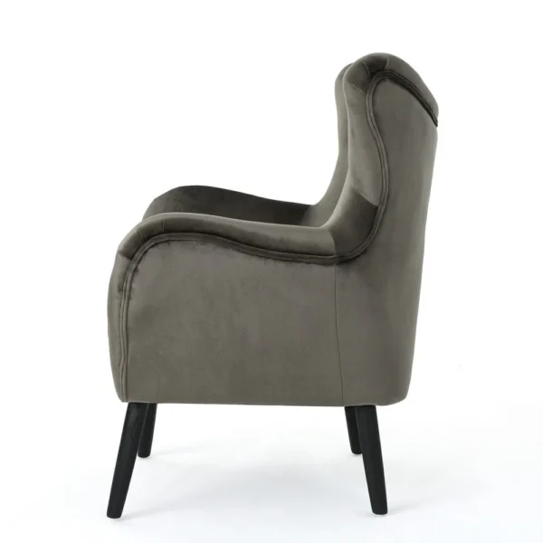 Zorro Armchair, Black Angled Wood Legs, Gray Button Tufted Velvet