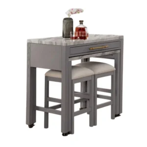 Helly 3pc Counter Height Table and 2 Stool Set, Gray Faux Marble Top