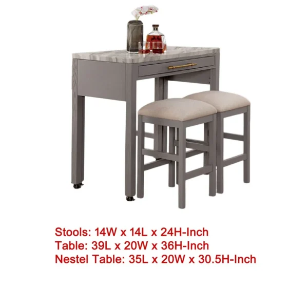 BM337256_4 Helly 3pc Counter Height Table and 2 Stool Set, Gray Faux Marble Top