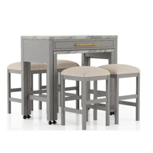 Helly 5pc Counter Height Table and 4 Stool Set, Gray Faux Marble Top