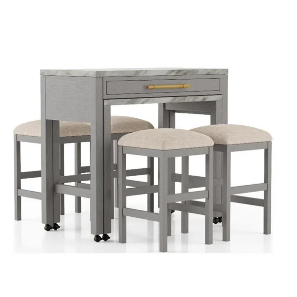 BM337257 Helly 5pc Counter Height Table and 4 Stool Set, Gray Faux Marble Top