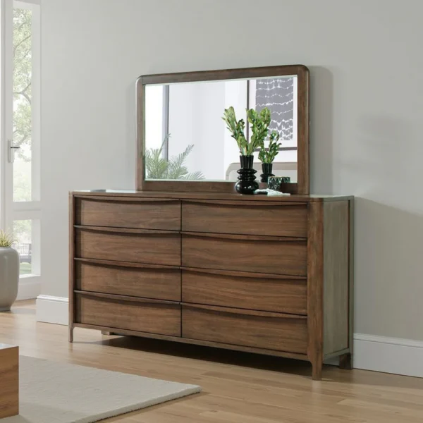Rie Dresser Mirror, Walnut Brown Wood, Rounded Open Corners, 32 Inch