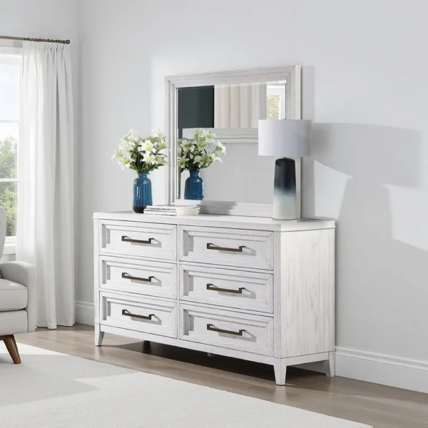 BM337952_5 Leva Dresser Mirror, Distressed White Wood, Beveled Glass, 38 Inch