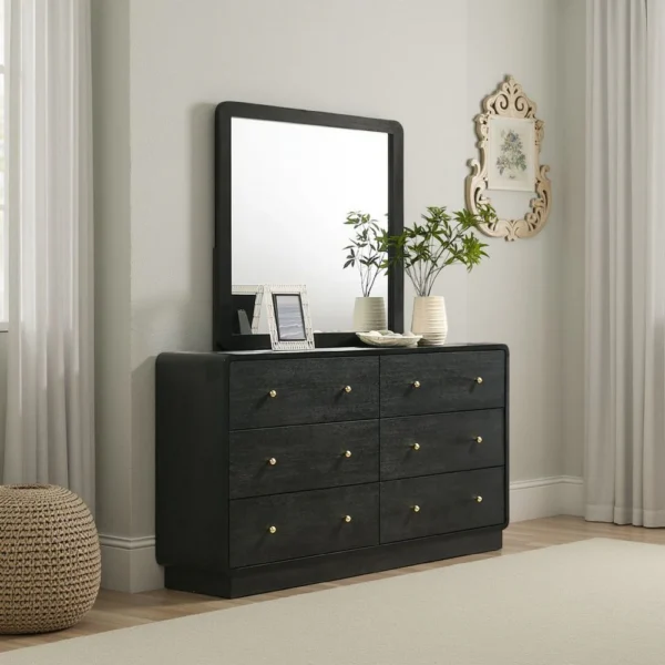 BM338137_5 Cavy Dresser Mirror, Rounded Corners and Flat Glass, Black Melamine