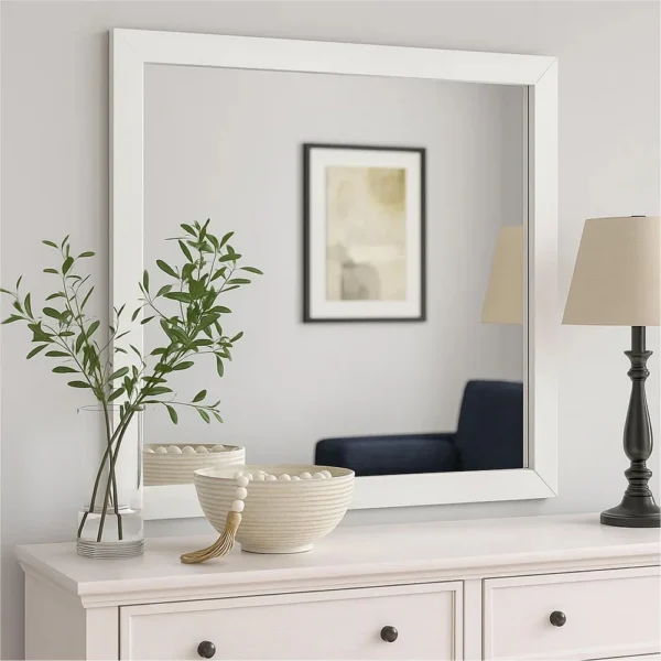 BM338142_5 Dex Rectangular Dresser Mirror, Non-Beveled Glass, White Wood-Melamine