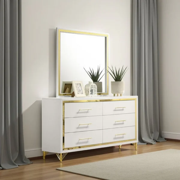 BM338144_5 Jenny Square Dresser Mirror, Polished Golden Trim, White Wood-Melamine
