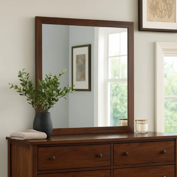 BM338147_5 Yels Dresser Mirror, Squared Corners, Flat Glass Design, Brown Wood