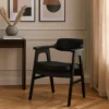 Zsy Dining Armchair w Curved Back, Black Birch Wood and Faux Leather