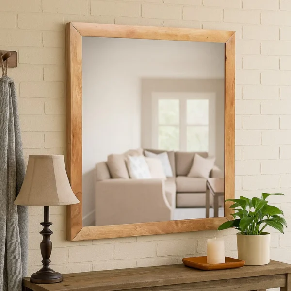 Noe Malia Mirror, 40 Inch Rectangular Rubberwood Frame, Natural Brown