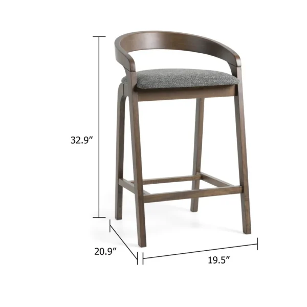 Cid Lenn Counter Stool Chair Set of 2, Gray Fabric, Curved Brown Rubberwood