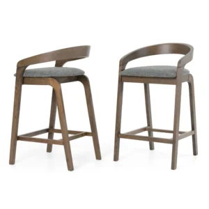 Cid Lenn Counter Stool Chair Set of 2, Gray Fabric, Curved Brown Rubberwood