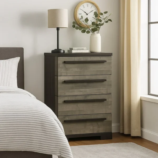 BM338406_5_e878b783-509d-4455-9801-5036d3755665 Ruthe Tall Dresser Chest with 4 Drawers, Ebony Black, Gray Wood