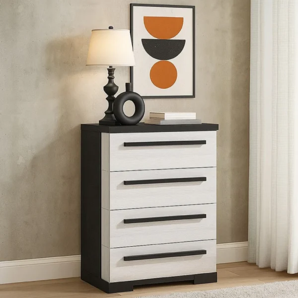 BM338412_5_c86bed01-03c6-4c5c-ac96-e049c50021f7 Ruthe Tall Dresser Chest with 4 Drawers, Ebony Black, White Wood