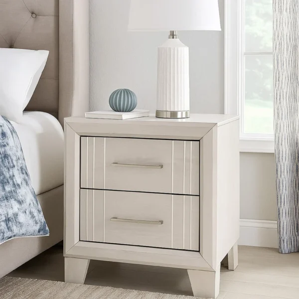 BM338424_5_5649aaba-5ede-4763-86cb-f3af33b75fe6 Charie Nightstand with 2 Drawers, Tapered Legs, Silver Metal, White Wood