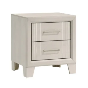 Charie Nightstand with 2 Drawers, Tapered Legs, Silver Metal, White Wood