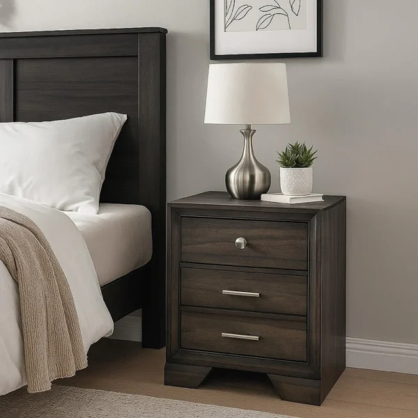 BM338440_5_0cae9f9d-f9d8-4778-9170-0a7758c560e9 Jeni Nightstand, 3 Drawers, Chrome Metal Handles, Rustic Dark Gray