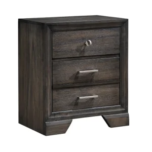 Jeni Nightstand, 3 Drawers, Chrome Metal Handles, Rustic Dark Gray