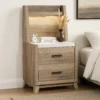BM338462_5 Tily Nightstand w Wall Panel, 2 Drawers, White Faux Stone Top, Brown