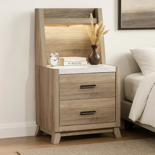 BM338462_5 Tily Nightstand w Wall Panel, 2 Drawers, White Faux Stone Top, Brown