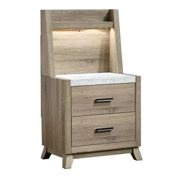BM338462_5688876f-2117-4f6e-9263-e8982b2d7c87 Tily Nightstand w Wall Panel, 2 Drawers, White Faux Stone Top, Brown