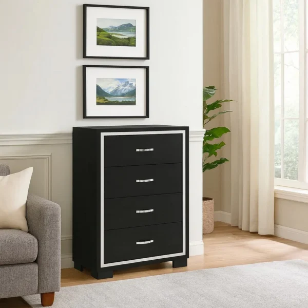 BM338468_5 Geny Tall Dresser Chest, 4 Drawers, Silver Trim and Metal Handles, Black
