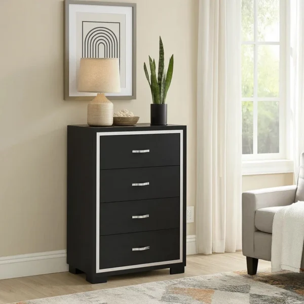 BM338468_6 Geny Tall Dresser Chest, 4 Drawers, Silver Trim and Metal Handles, Black