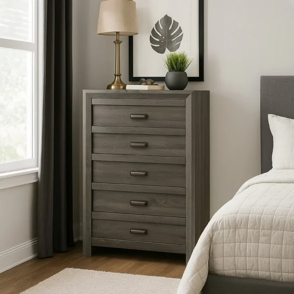 BM338481_5 Velz Tall Dresser Chest, 5 Drawers, Finger Pull Handles, Dark Gray Wood