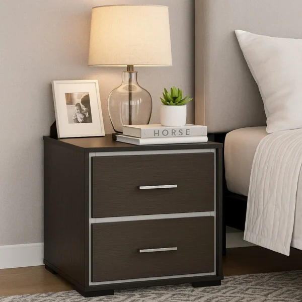BM338488_5_48474eb7-27db-4a80-92d3-3598e95b669e Hez Nightstand, 2 Drawers, Silver Trim, Modern Dark Brown Finish